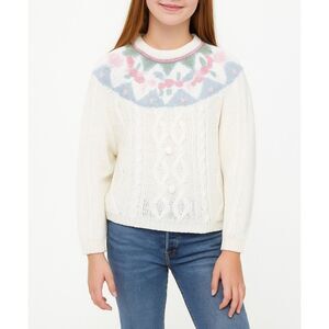 Vintage 80s Needles & Yarn Ivory Cable Knit Floral Yoke Crewneck Sweater Size M